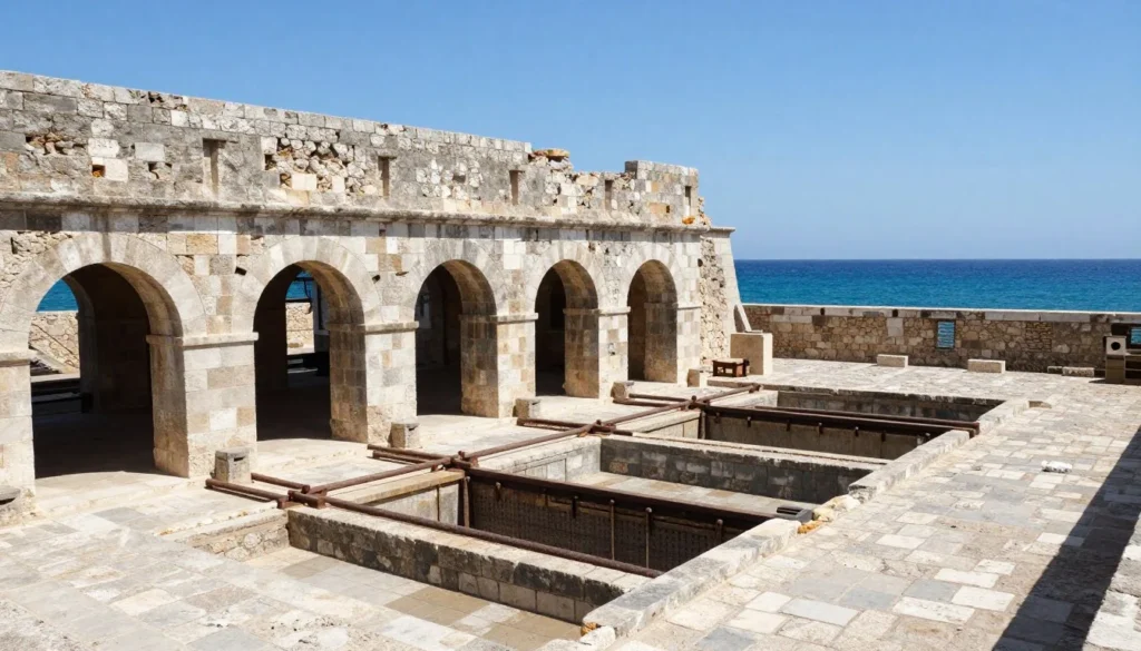 Historic tuna processing facility with ancient architecture and coastal Mediterranean views