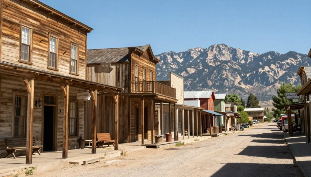 Historic western town main street with preserved buildings and Sierra Nevada mountains visible beyond Historic western town main street with preserved buildings and Sierra Nevada mountains visible beyond