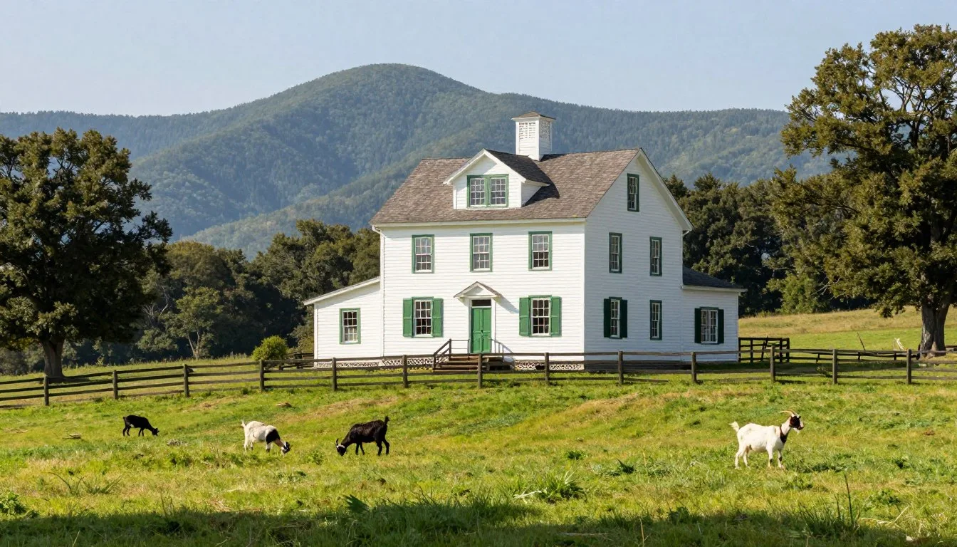 Historic-white-farmhouse-nestled-among-rolling-green-mountains-with-goats-grazing-on-hillside Historic white farmhouse nestled among rolling green mountains with goats grazing on hillside pastures at Carl Sandburg Home