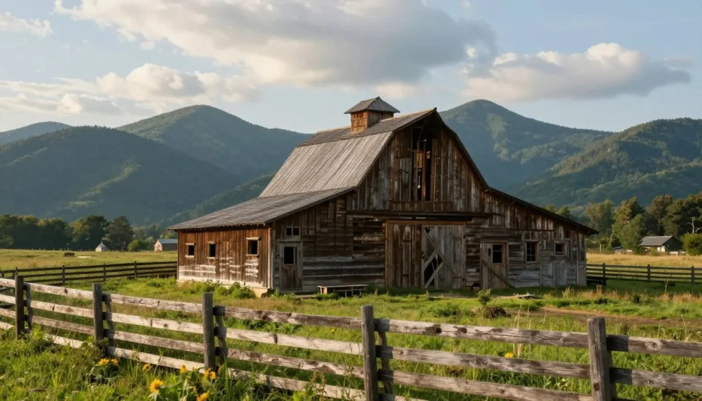 Historic wooden barn in Cades Cove valley with mountains in background Historic wooden barn in Cades Cove valley with mountains in background