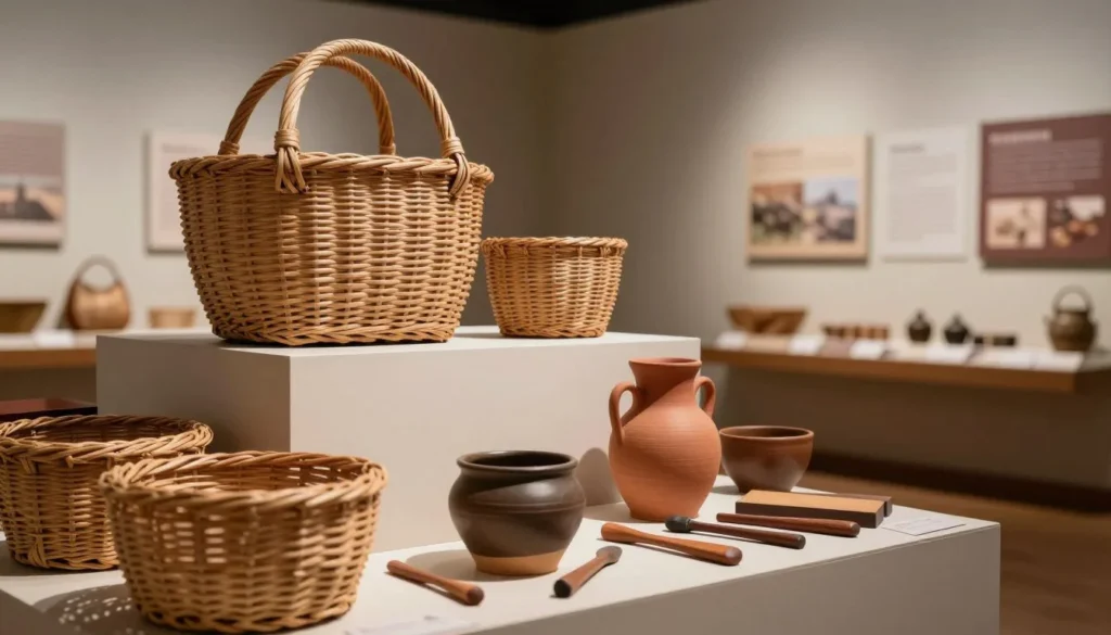 Historical mountain heritage display with traditional crafts Historical mountain heritage display with traditional crafts