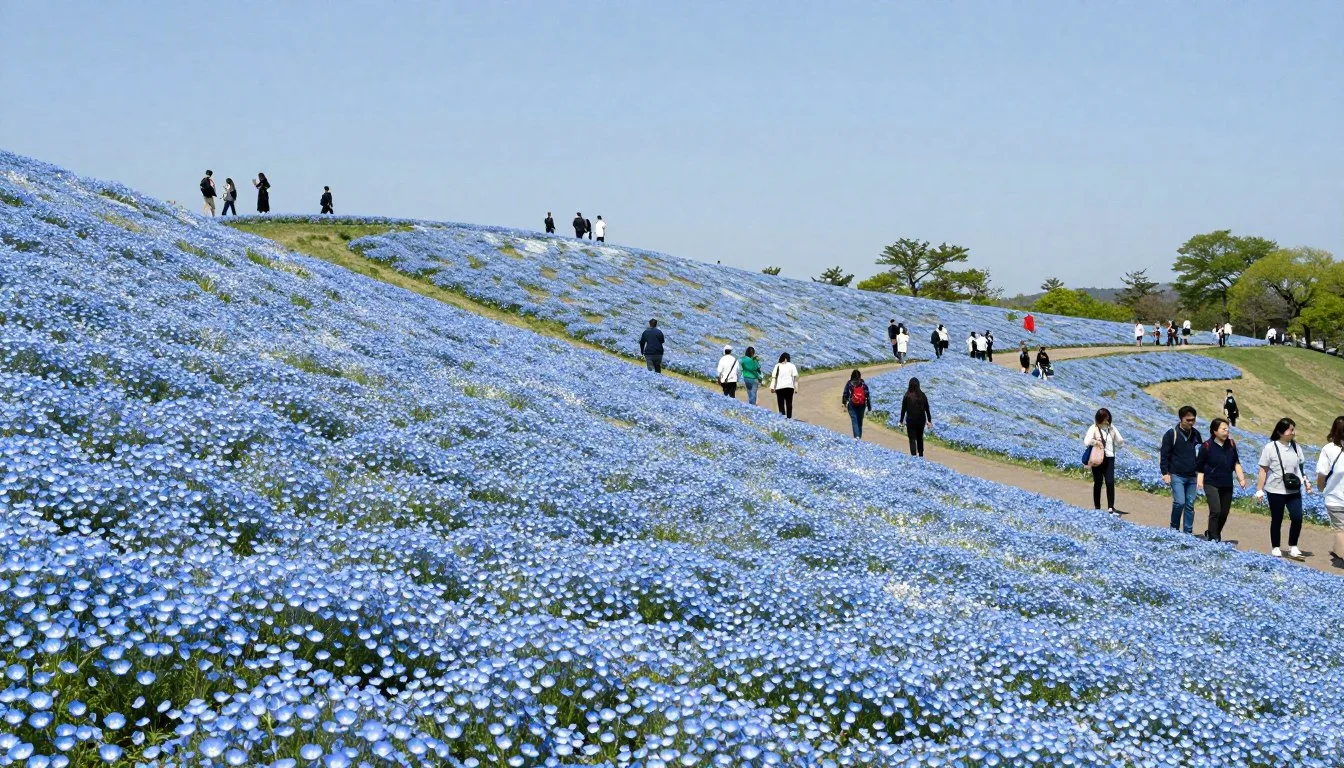 Hitachi Seaside Park with colorful nemophila flowers stretching across rolling hills under blue sky