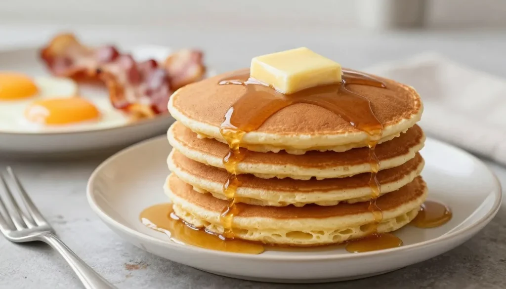 Homemade pancakes with butter and syrup breakfast spread Homemade pancakes with butter and syrup breakfast spread
