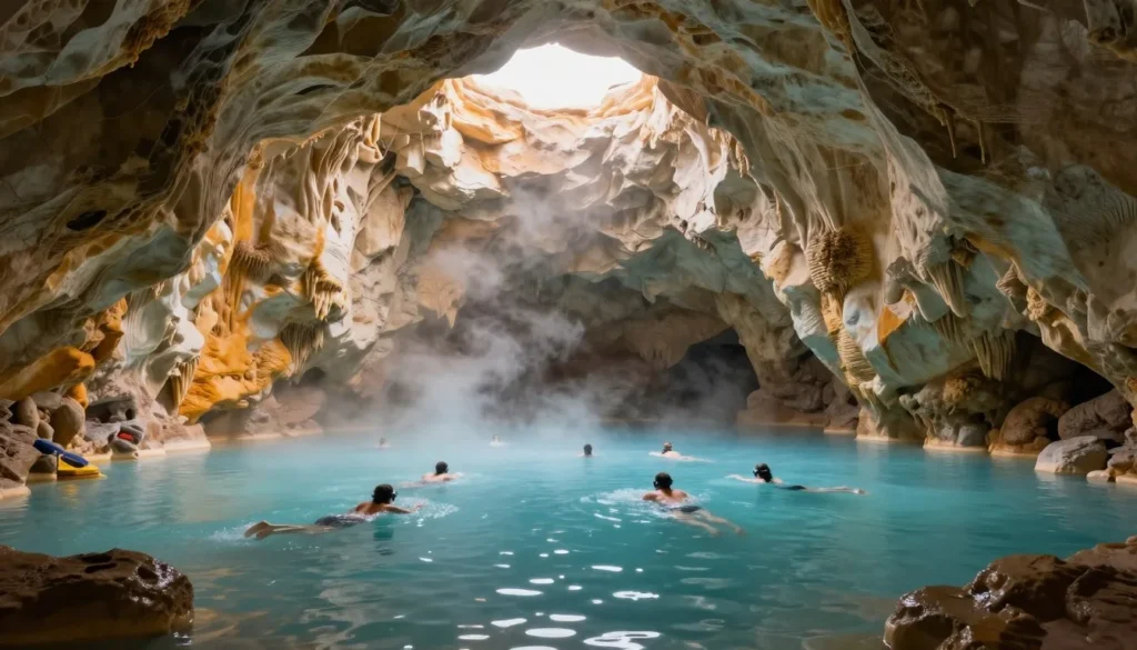 Homestead Crater geothermal spring interior showing mineral formations