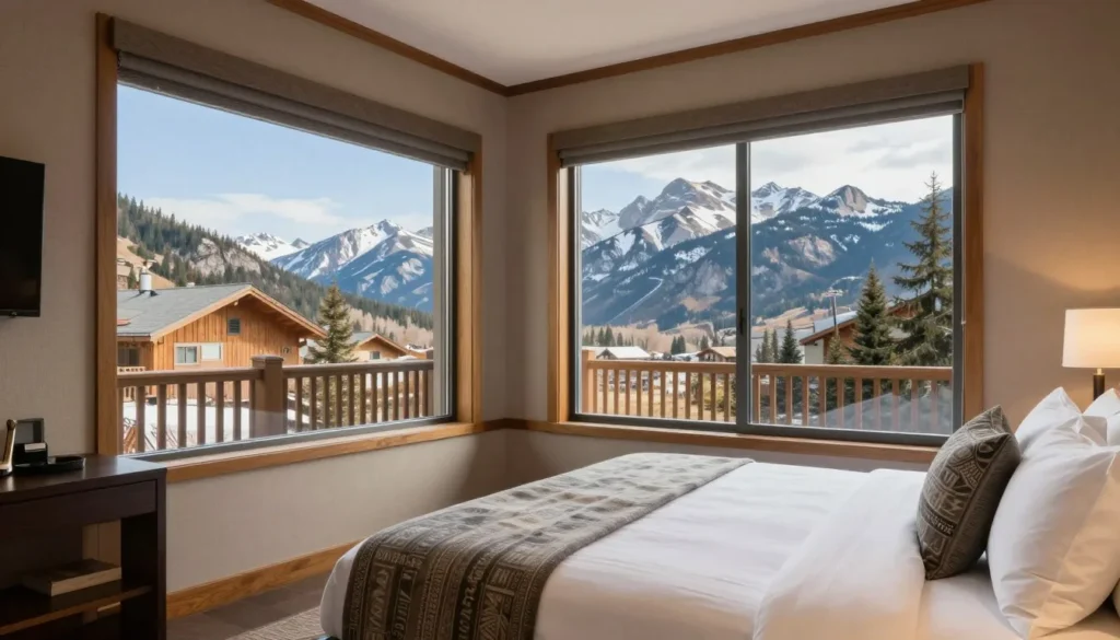 Hotel room interior in Glenwood Springs with mountain view through large windows