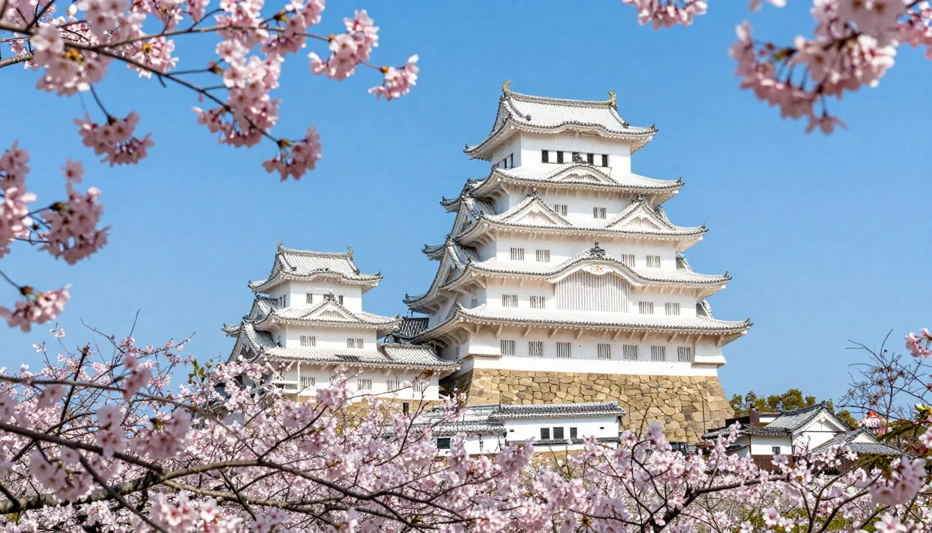 Hyogo Prefecture Japan travel guide showcasing Himeji Castle surrounded by cherry blossoms