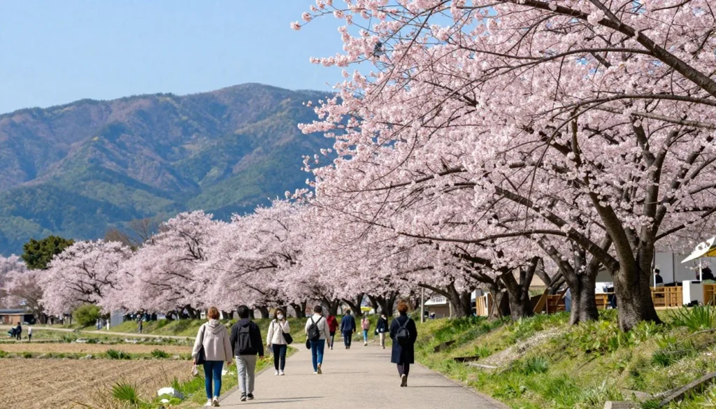 Hyogo Prefecture spring landscape with cherry blossoms and mountain views Hyogo Prefecture spring landscape with cherry blossoms and mountain views