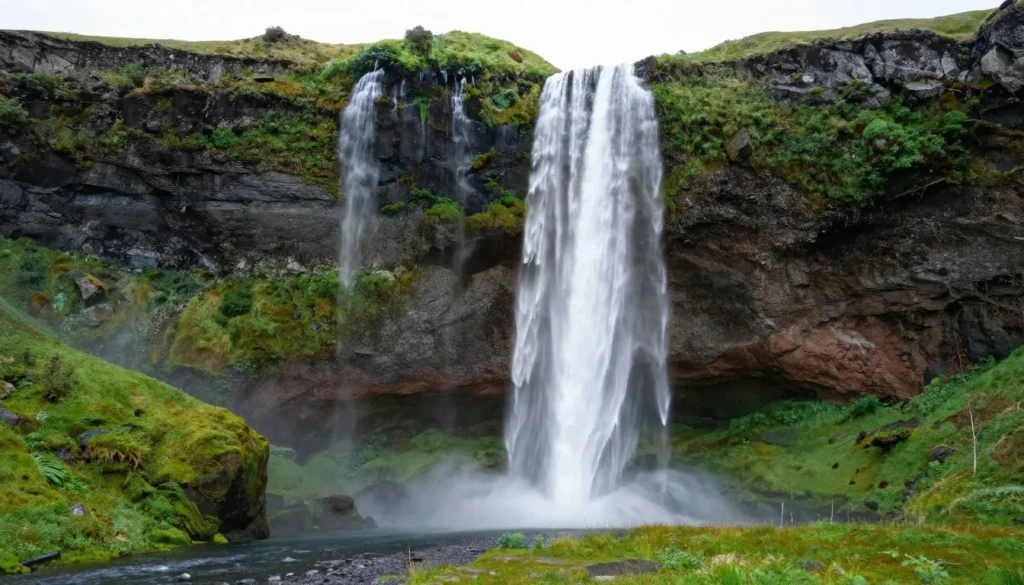 Iceland waterfall surrounded by lush green landscape Iceland waterfall surrounded by lush green landscape