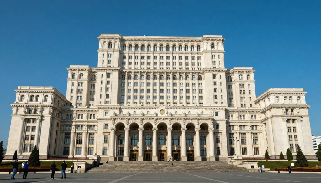 Impressive facade of Palace of Parliament in Bucharest under blue sky Impressive facade of Palace of Parliament in Bucharest under blue sky