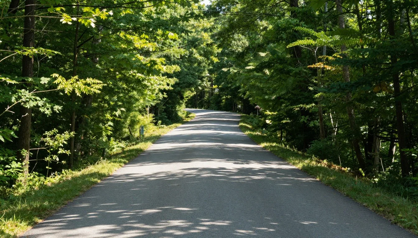 Indian Mountain State Park entrance road winding through green forest