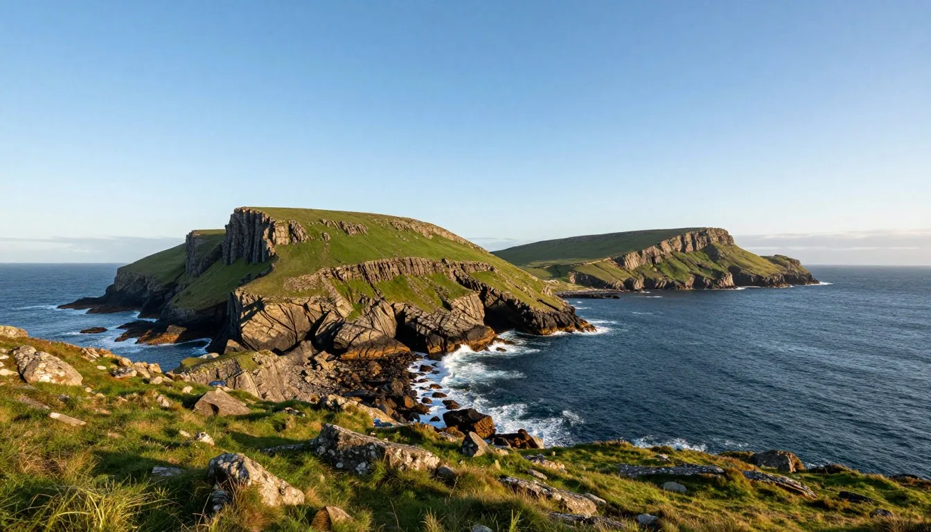 Inishowen-Peninsula-dramatic-coastal-cliffs-along-Wild-Atlantic-Way-with-ocean-waves-crashing Inishowen Peninsula dramatic coastal cliffs along Wild Atlantic Way with ocean waves crashing against rocky shores under blue sky
