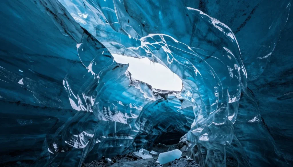 Inside an ice cave showing blue ice formations Inside an ice cave showing blue ice formations