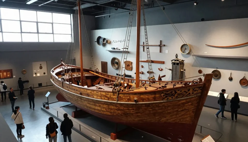 Interior of Maritime Museum in Cesenatico showing historic fishing boats and maritime artifacts with visitors