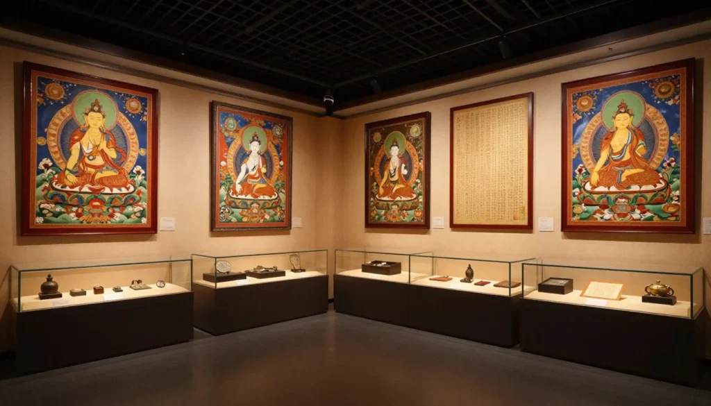 Interior of Namgyal Institute of Tibetology with Buddhist artifacts and manuscripts