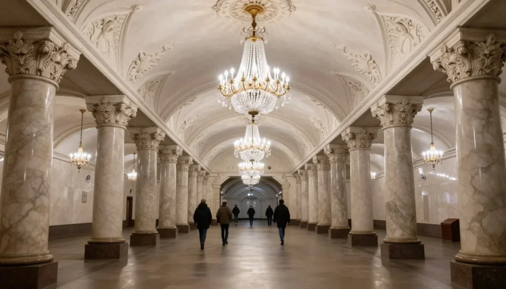Interior of an ornate Saint Petersburg metro station showing the elaborate chandeliers, marble columns, and decorated ceiling of the underground palace-like station Interior of an ornate Saint Petersburg metro station showing the elaborate chandeliers, marble columns, and decorated ceiling of the underground palace-like station