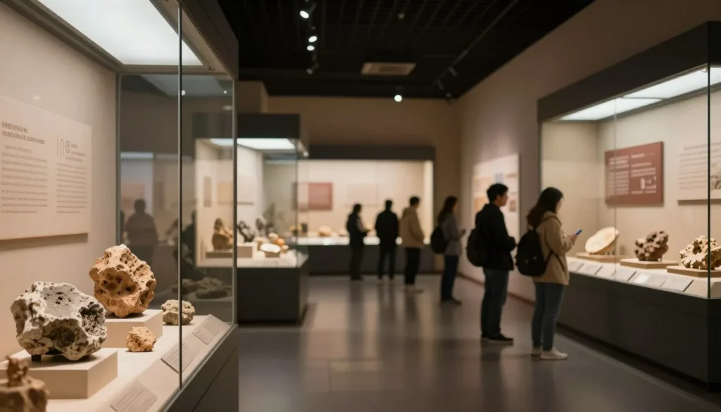 Interior of museum with geological exhibits and fossil displays