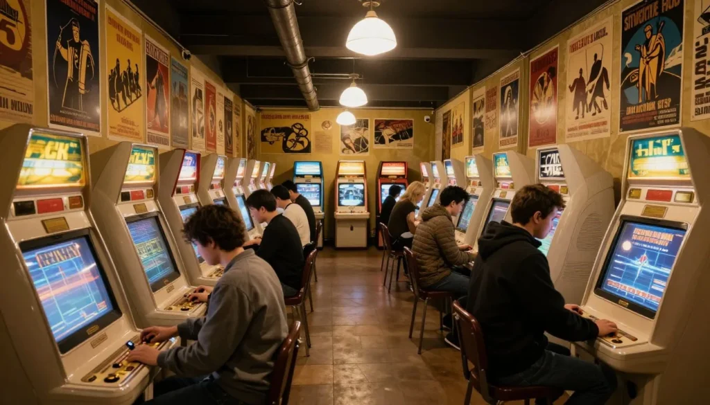 Interior of the Museum of Soviet Arcade Games showing vintage gaming machines and retro Soviet atmosphere with visitors playing games Interior of the Museum of Soviet Arcade Games showing vintage gaming machines and retro Soviet atmosphere with visitors playing games