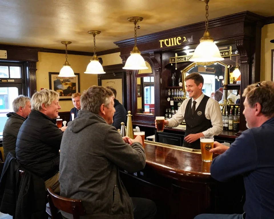 Interior of traditional Irish pub in Tralee with wooden bar and patrons Interior of traditional Irish pub in Tralee with wooden bar and patrons