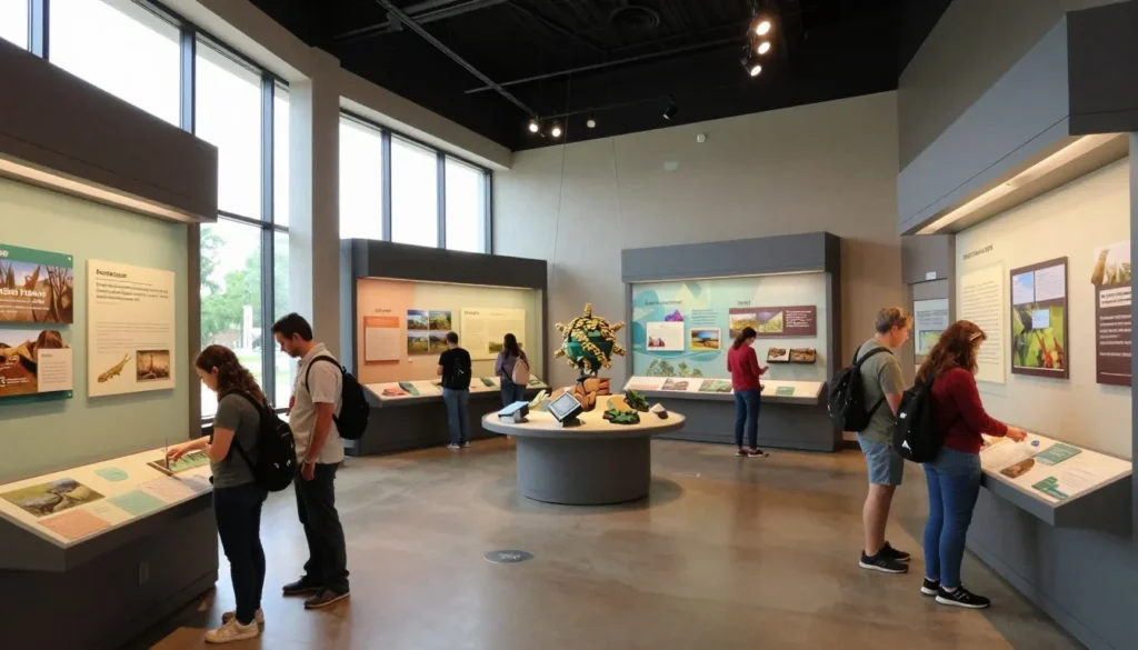 Interior of visitor center with educational displays and diverse visitors Interior of visitor center with educational displays and diverse visitors