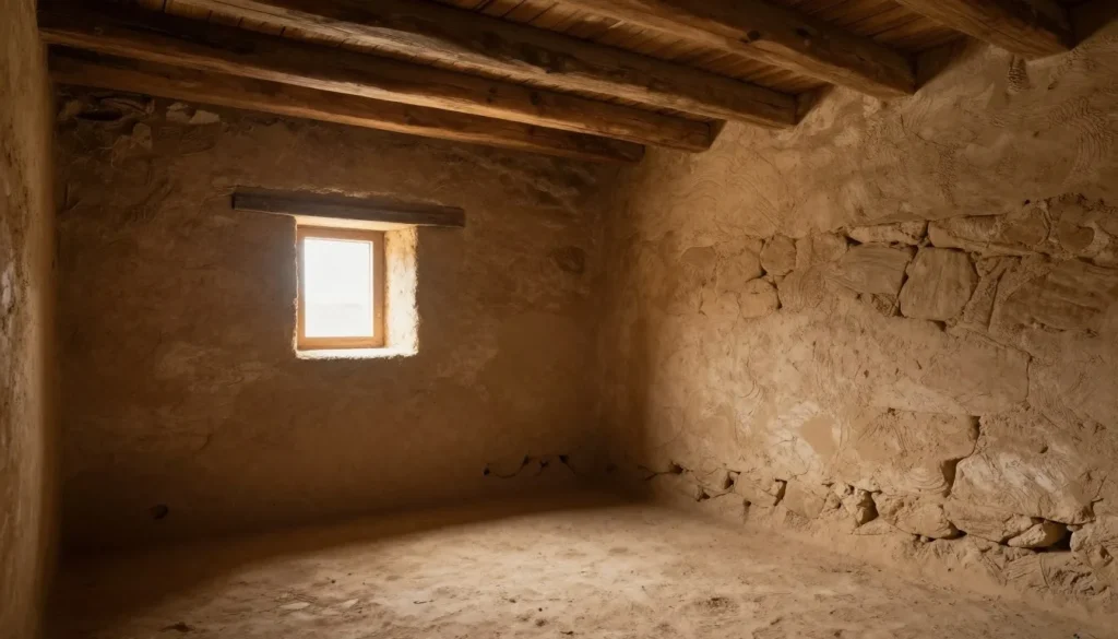 Interior room of cliff dwelling showing original wall construction and small window opening Interior room of cliff dwelling showing original wall construction and small window opening