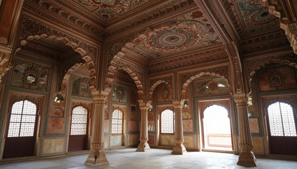 Interior view of Mehrangarh Fort palace chambers with intricate mirror work and painted ceilings