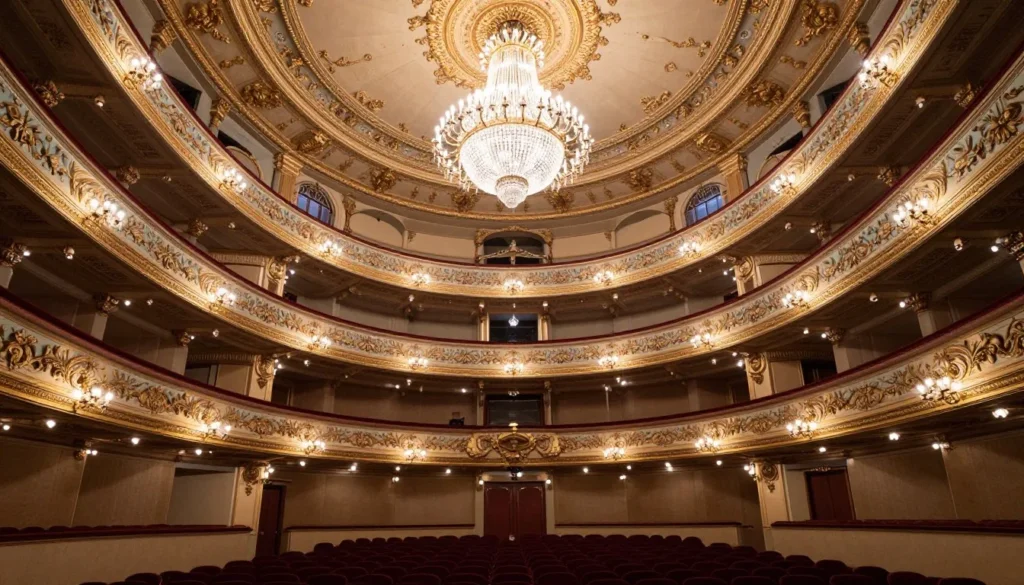 Interior view of the historic Mariinsky Theatre showing the ornate blue and gold decorated hall with multiple balcony levels Interior view of the historic Mariinsky Theatre showing the ornate blue and gold decorated hall with multiple balcony levels