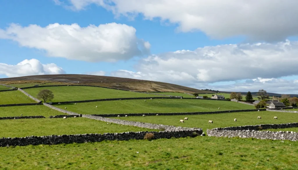Irish countryside landscape with rolling green hills and stone walls