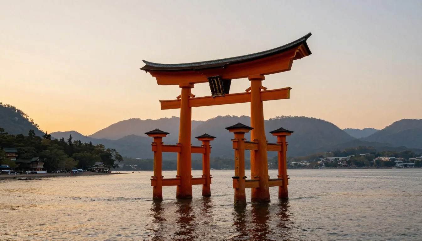 Itsukushima Shrine floating torii gate at sunset with mountain backdrop in Hiroshima Prefecture