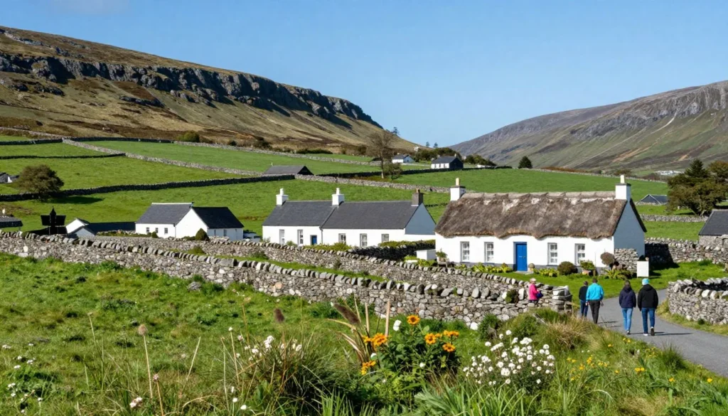 Iveragh Peninsula countryside with traditional Irish cottages and green fields