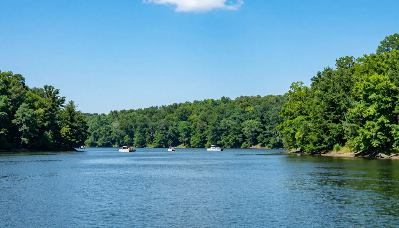 J. Percy Priest Reservoir Tennessee scenic waterfront view with boats and green shoreline