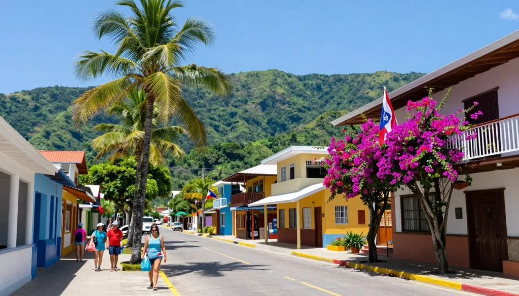 Jaco Beach Costa Rica town entrance with tropical vegetation and mountain backdrop