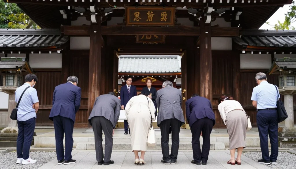Japanese temple with visitors bowing respectfully at entrance following proper etiquette Japanese temple with visitors bowing respectfully at entrance following proper etiquette