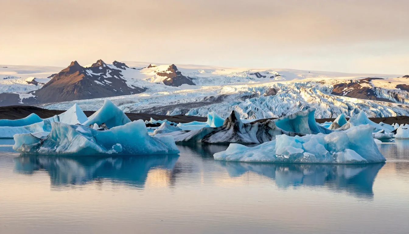 Jokulsarlon-Glacier-Lagoon-with-floating-icebergs-and-mountains-in-background-during-golden Jokulsarlon Glacier Lagoon with floating icebergs and mountains in background during golden hour