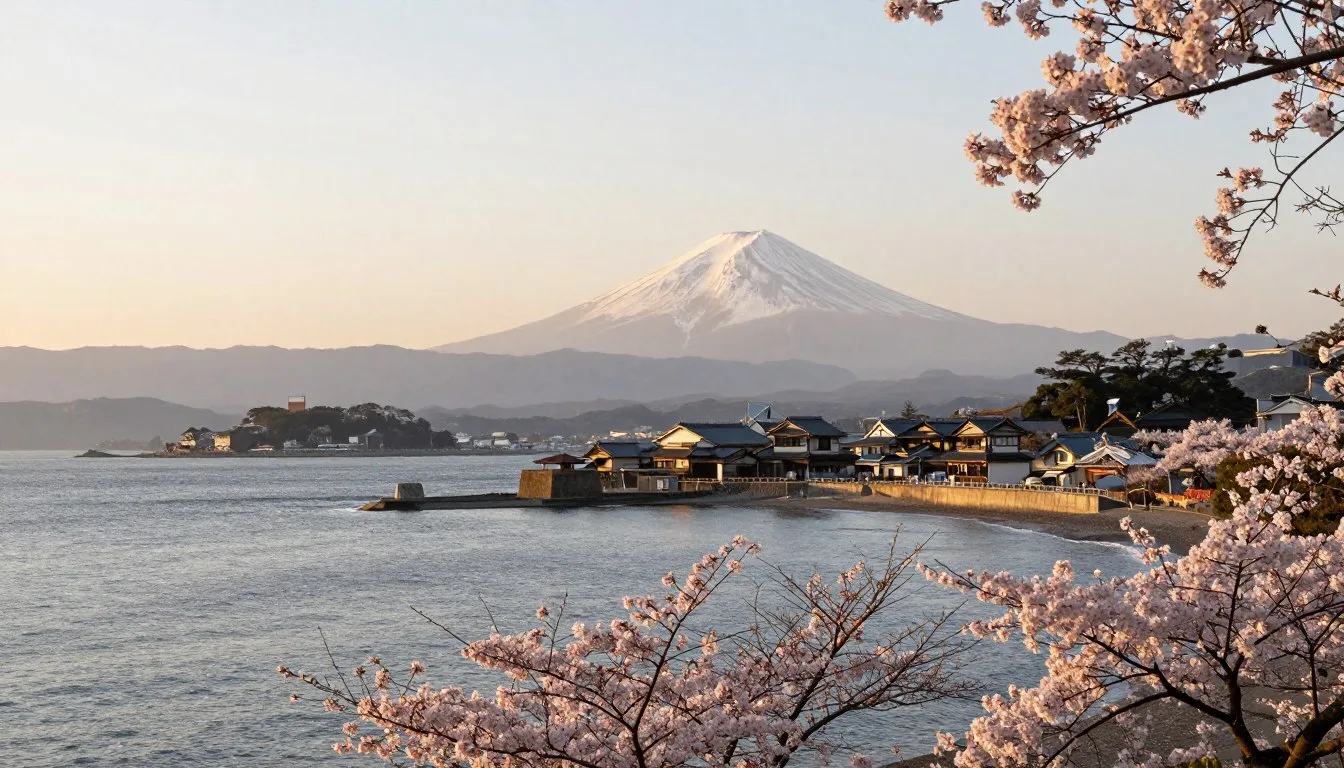 Kanagawa Prefecture coastal landscape with Mt. Fuji in the background during golden hour