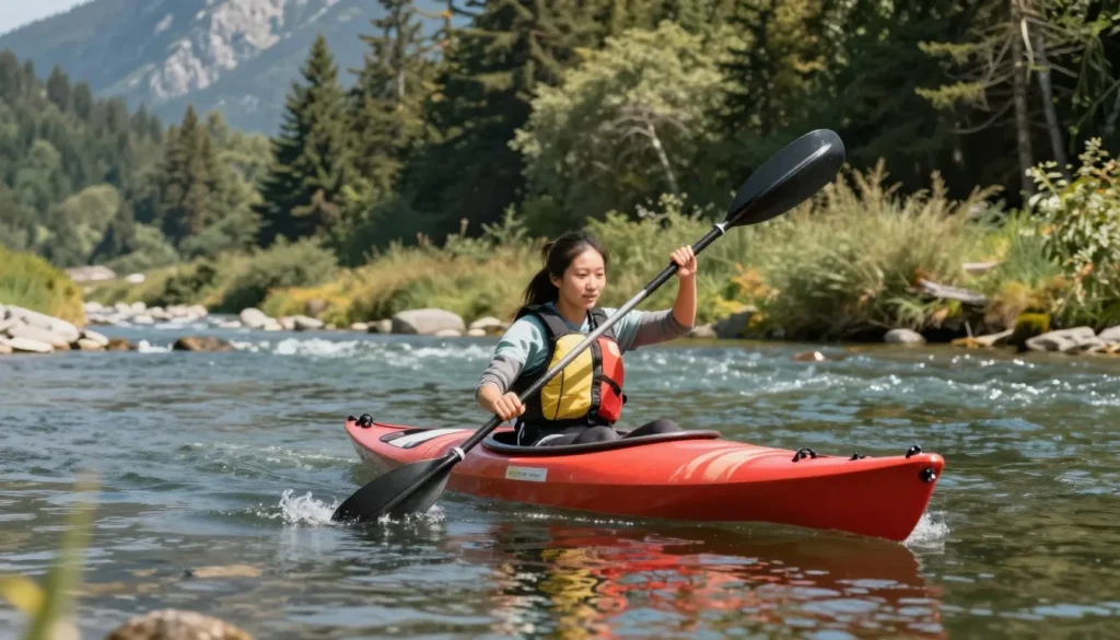 Kayaker navigating calm section of mountain river Kayaker navigating calm section of mountain river