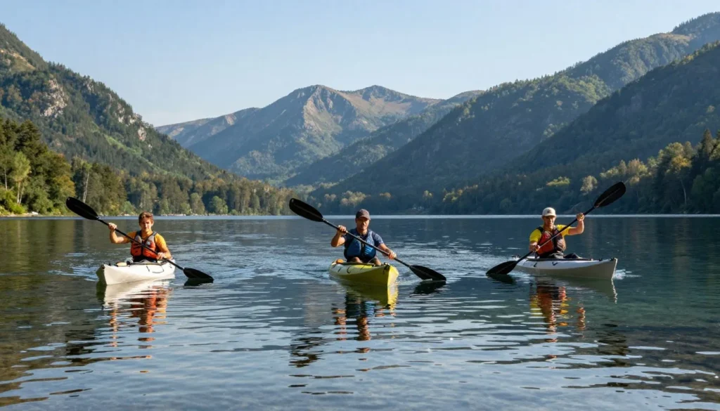 Kayakers exploring calm cove on Lake Jocassee near Gorges State Park Kayakers exploring calm cove on Lake Jocassee near Gorges State Park