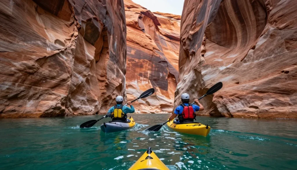 Kayakers exploring narrow slot canyon on Lake Powell