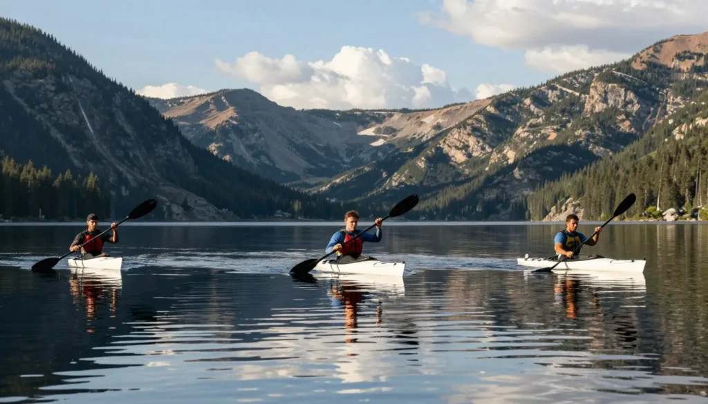 Kayakers on Colorado lake near Two Ponds area Kayakers on Colorado lake near Two Ponds area