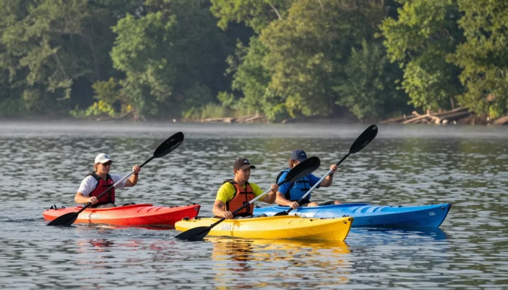 Kayakers on Great Falls Lake Tennessee calm water Kayakers on Great Falls Lake Tennessee calm water