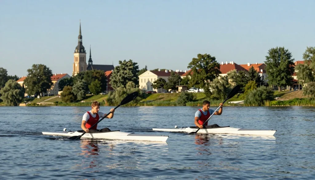 Kayakers on Neris River with Vilnius skyline in background