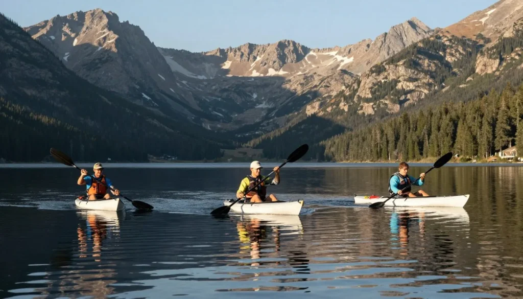 Kayakers on Twin Lakes Colorado with mountain reflections in calm water Kayakers on Twin Lakes Colorado with mountain reflections in calm water