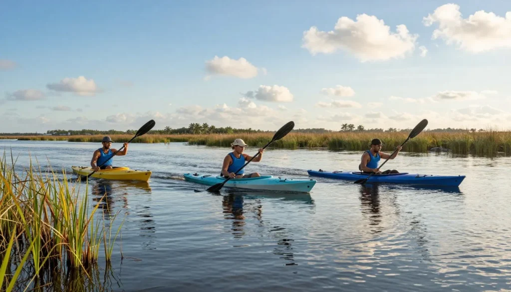 Kayakers on calm Cape Fear River waters near Fort Johnston Kayakers on calm Cape Fear River waters near Fort Johnston