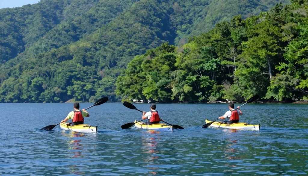 Kayakers on calm blue waters of Lake Towada surrounded by forest
