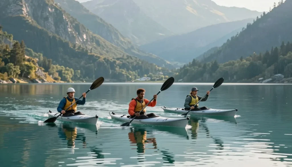 Kayakers on calm mountain reservoir water
