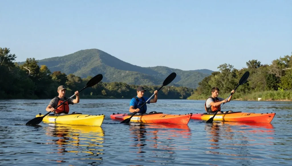 Kayakers on calm section of Nolichucky River Kayakers on calm section of Nolichucky River