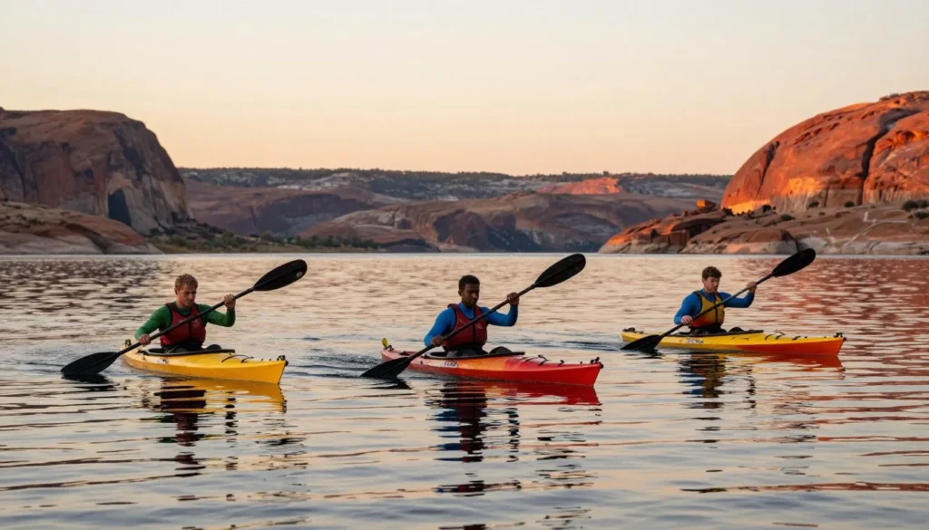 Kayakers on calm water at Millsite reservoir at sunrise