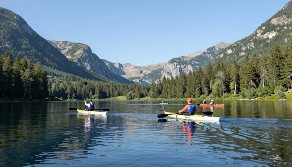 Kayakers on mountain lake Kayakers on mountain lake