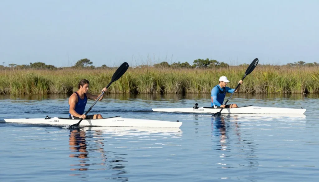 Kayakers paddling in Fort Fisher calm waters with coastal marsh Kayakers paddling in Fort Fisher calm waters with coastal marsh