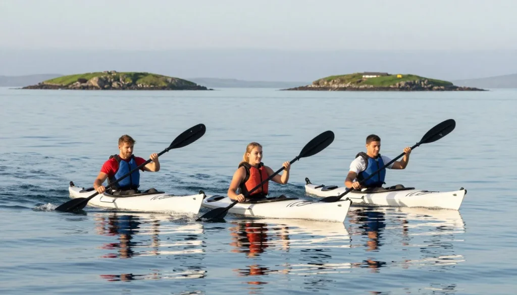 Kayakers paddling in calm bay waters with island views