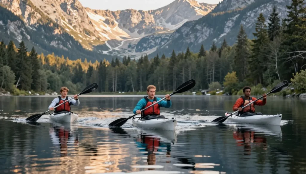Kayakers paddling on calm Taylor Park Reservoir waters with mountain reflections Kayakers paddling on calm Taylor Park Reservoir waters with mountain reflections
